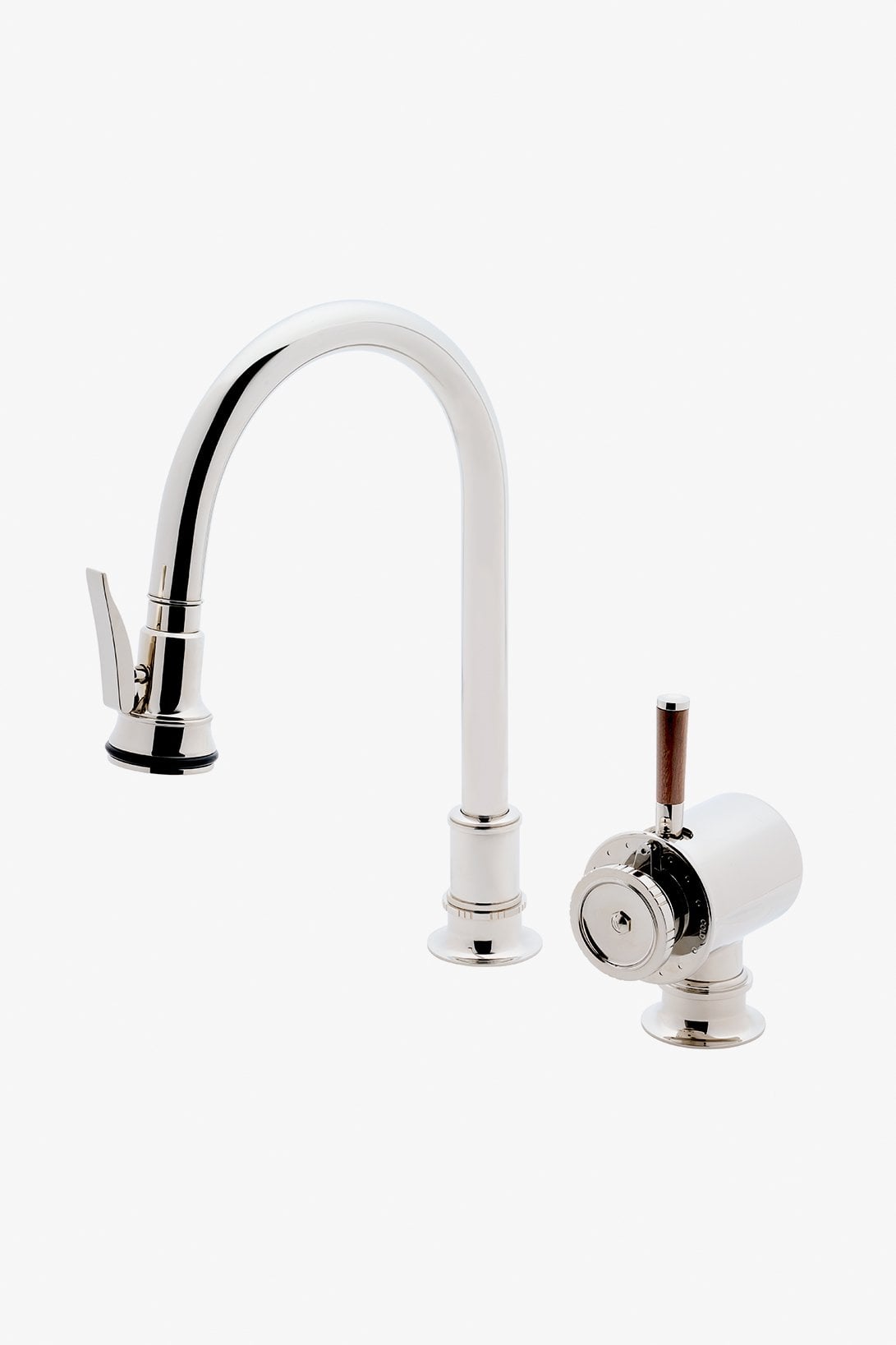 Henry Chronos Gooseneck Integrated Pull Spray Kitchen Faucet with Walnut Lever Handle