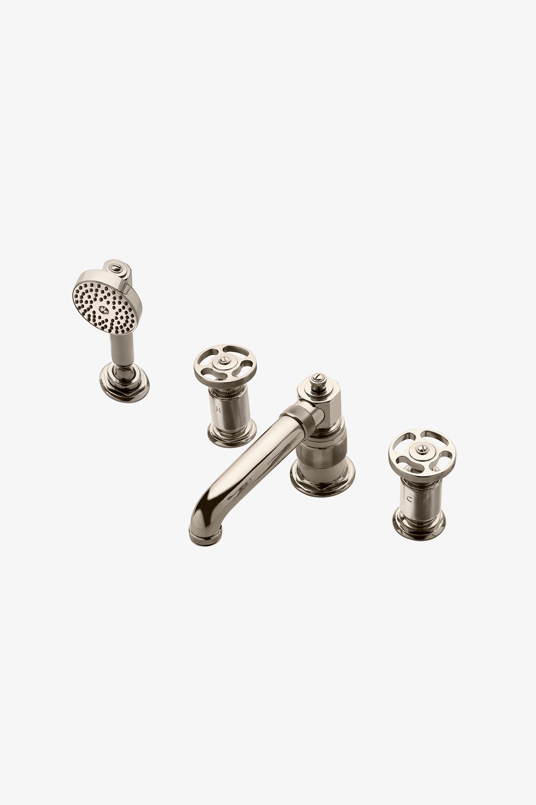 R.W. Atlas Deck Mounted Low Profile Concealed Tub Filler with Metal Handshower and Metal Wheel Handles