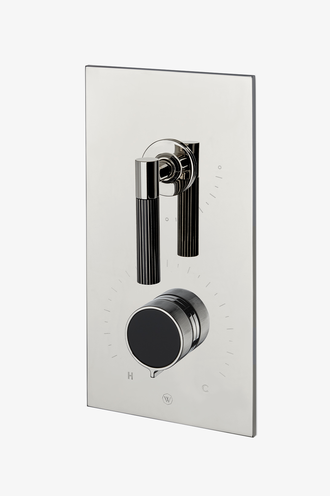 Bond Union Series Integrated Thermostatic and Volume Control Trim with Enamel Guilloche Lines Knob and Guilloche Pinstripe Lever Handles