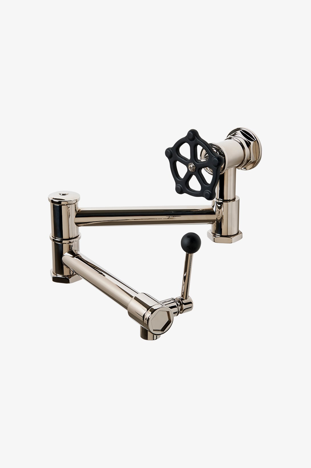 Regulator Wall Mounted Articulated Pot Filler, Black Wheel and Lever Handles