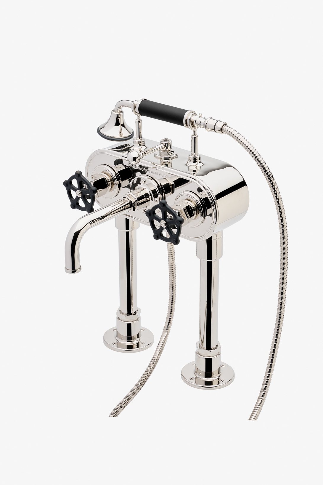 Regulator Exposed Deck Mounted Tub Filler with Handshower and Two-Tone Wheel Handles (Less Unions) in Nickel/Matte Black, 1.75 gpm (6.6 L/min)