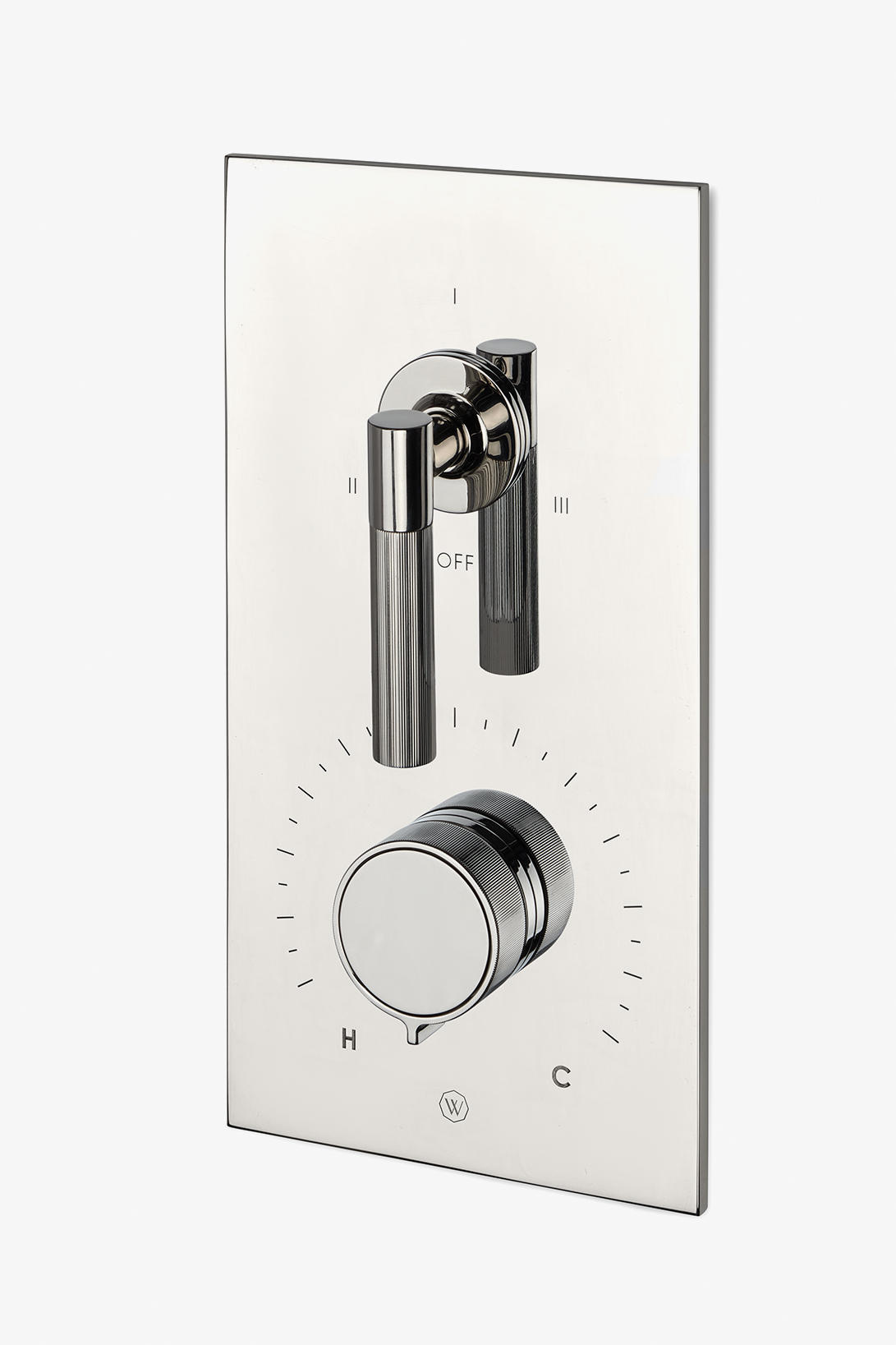 Bond Tandem Series Integrated Thermostatic and Three Way Diverter Trim with Guilloche Lines Knob and Lever Handles