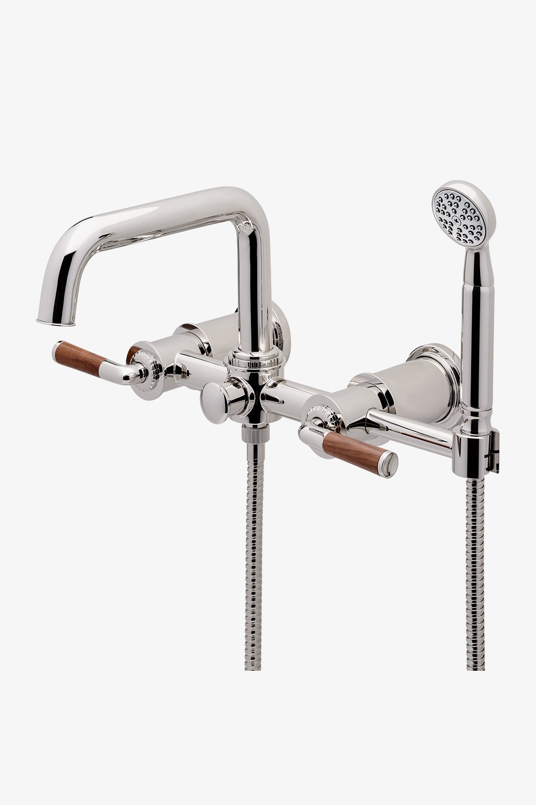 Henry Chronos Wall Mounted Exposed Tub Filler with Handshower and Walnut Lever Handles