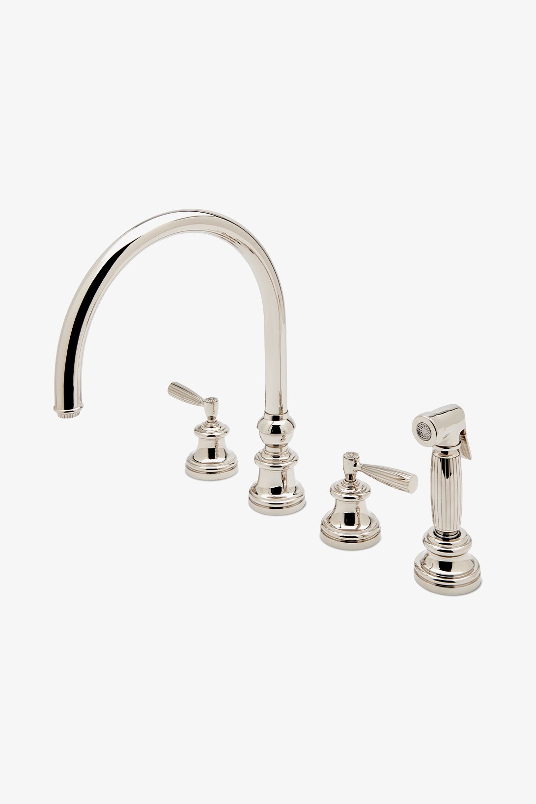Foro Three Hole Gooseneck Kitchen Faucet, Metal Lever Handles and Spray