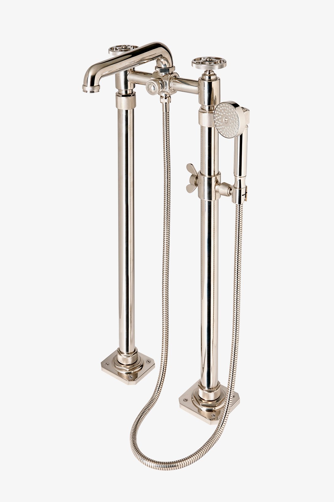 R.W. Atlas Exposed Floor Mounted Tub Filler with Handshower and Wheel Handles