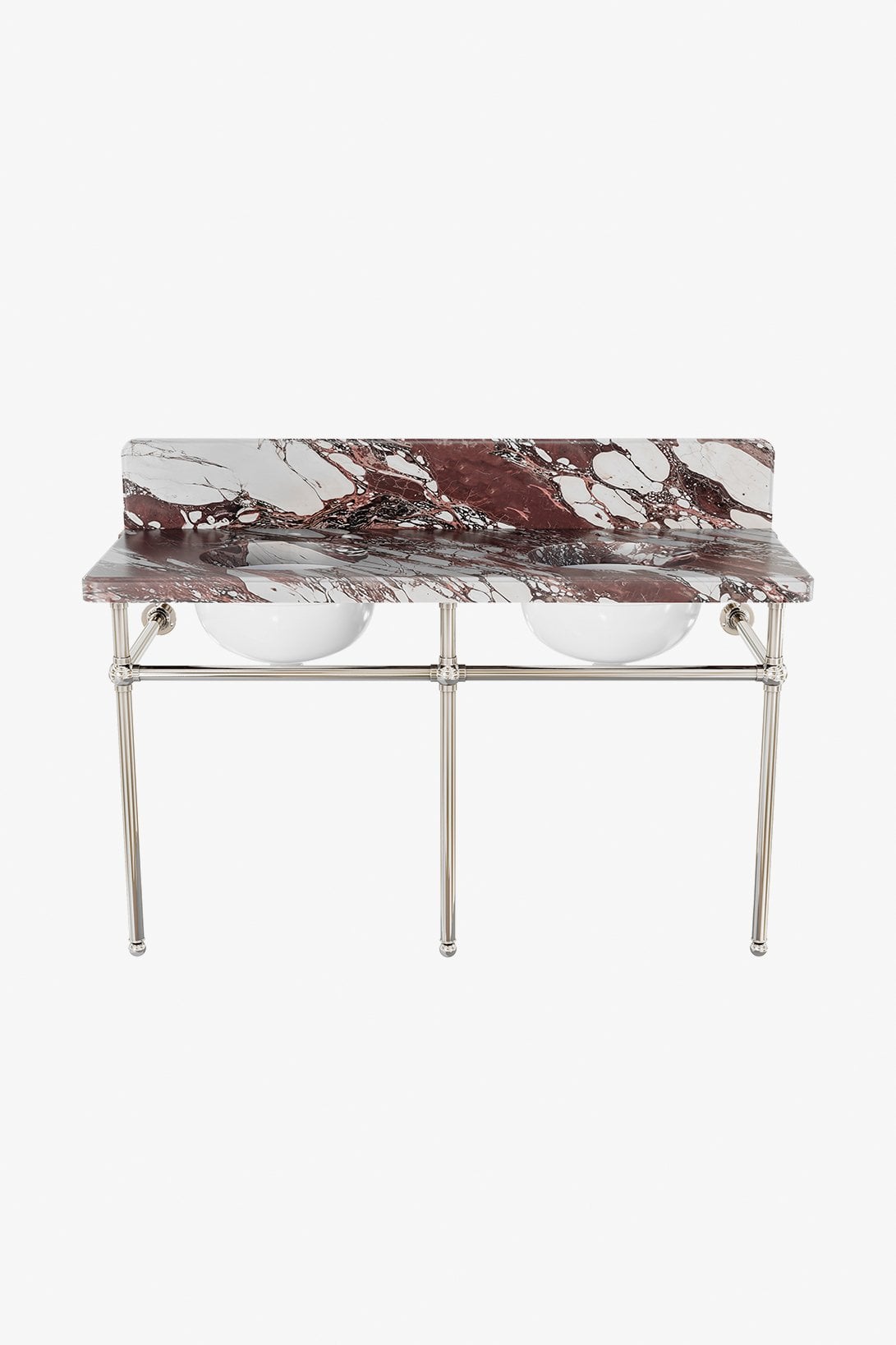 Universal Metal Round Three Leg Double Washstand 56" x 20" x 31 1/2" with MRLVHU Sink and 56" 5CM Reverse Ogee Slab and Backsplash