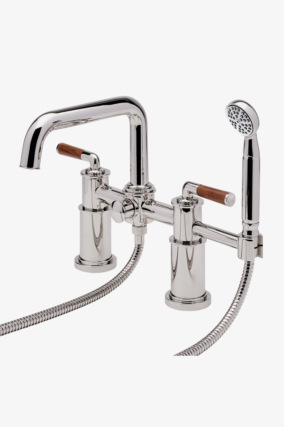 Henry Chronos Deck Mounted Exposed Tub Filler with Handshower and Walnut Lever Handles