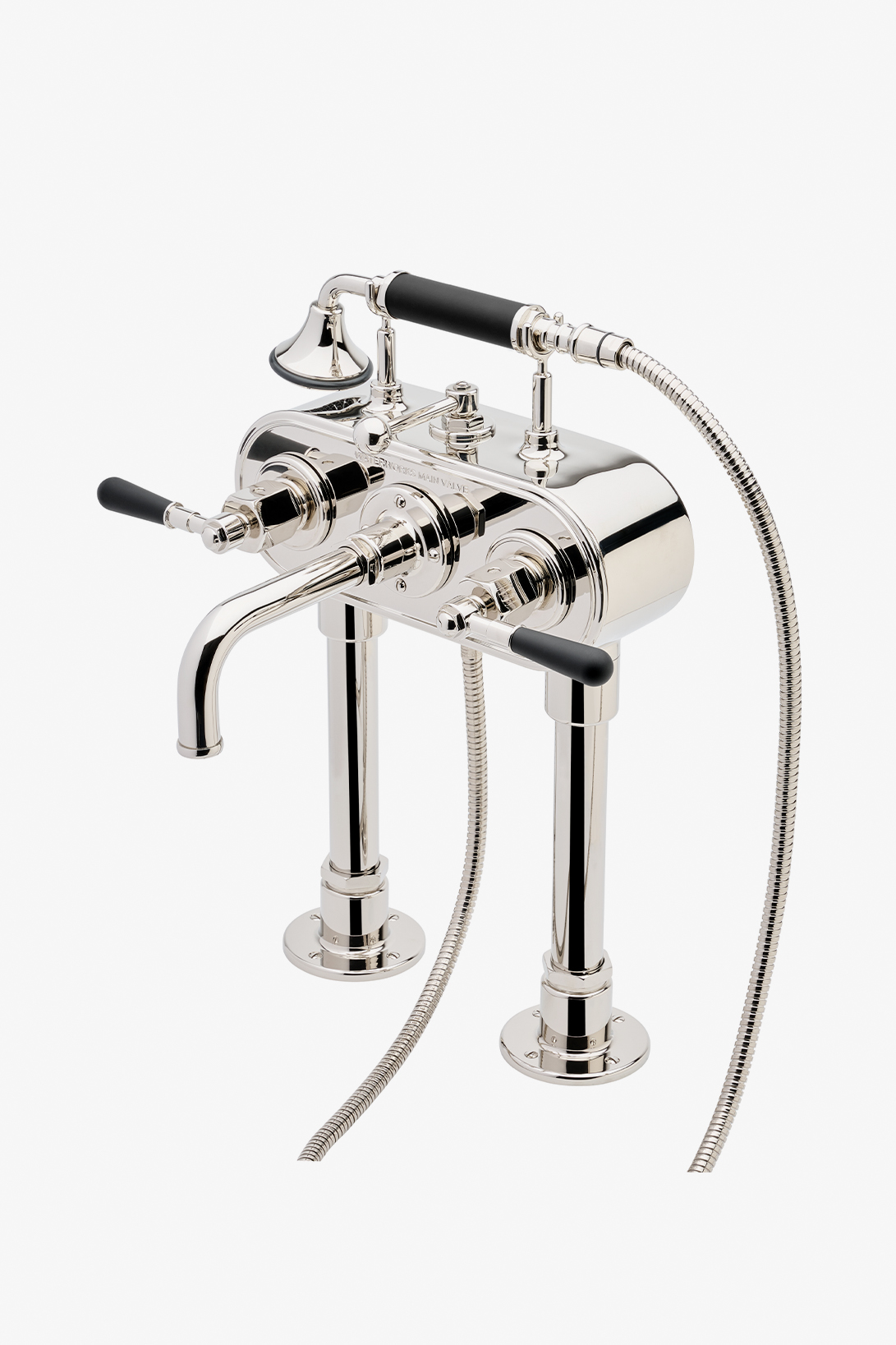 Regulator Exposed Deck Mounted Tub Filler with Handshower and Two-Tone Lever Handles (Less Unions) in Nickel/Matte Black, 1.75 gpm (6.6 L/min)