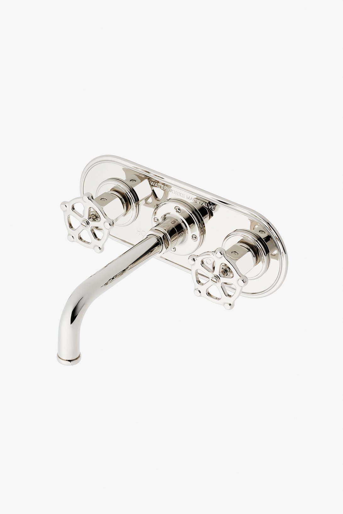 Regulator Wall Mounted Lavatory Faucet with Trim Plate and Wheel Handles