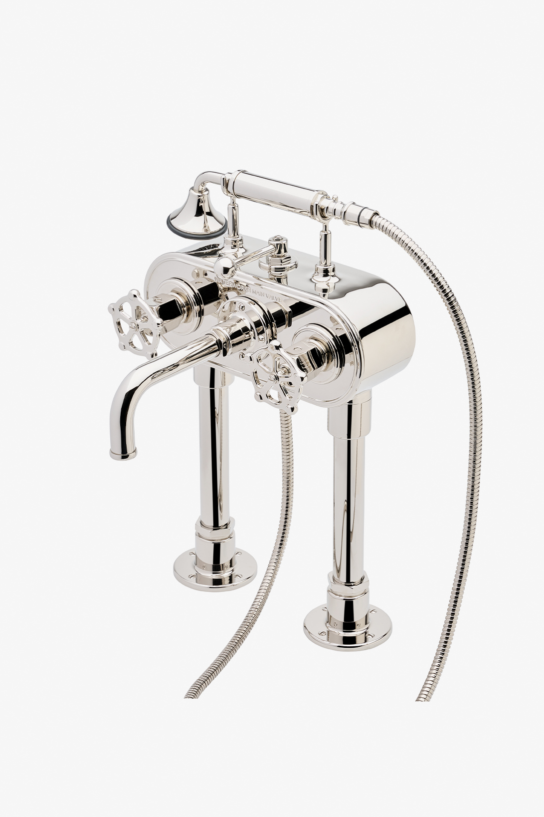 Regulator Exposed Deck Mounted Tub Filler with Handshower and Wheel Handles (Less Unions) in Nickel, 1.75 gpm (6.6 L/min)