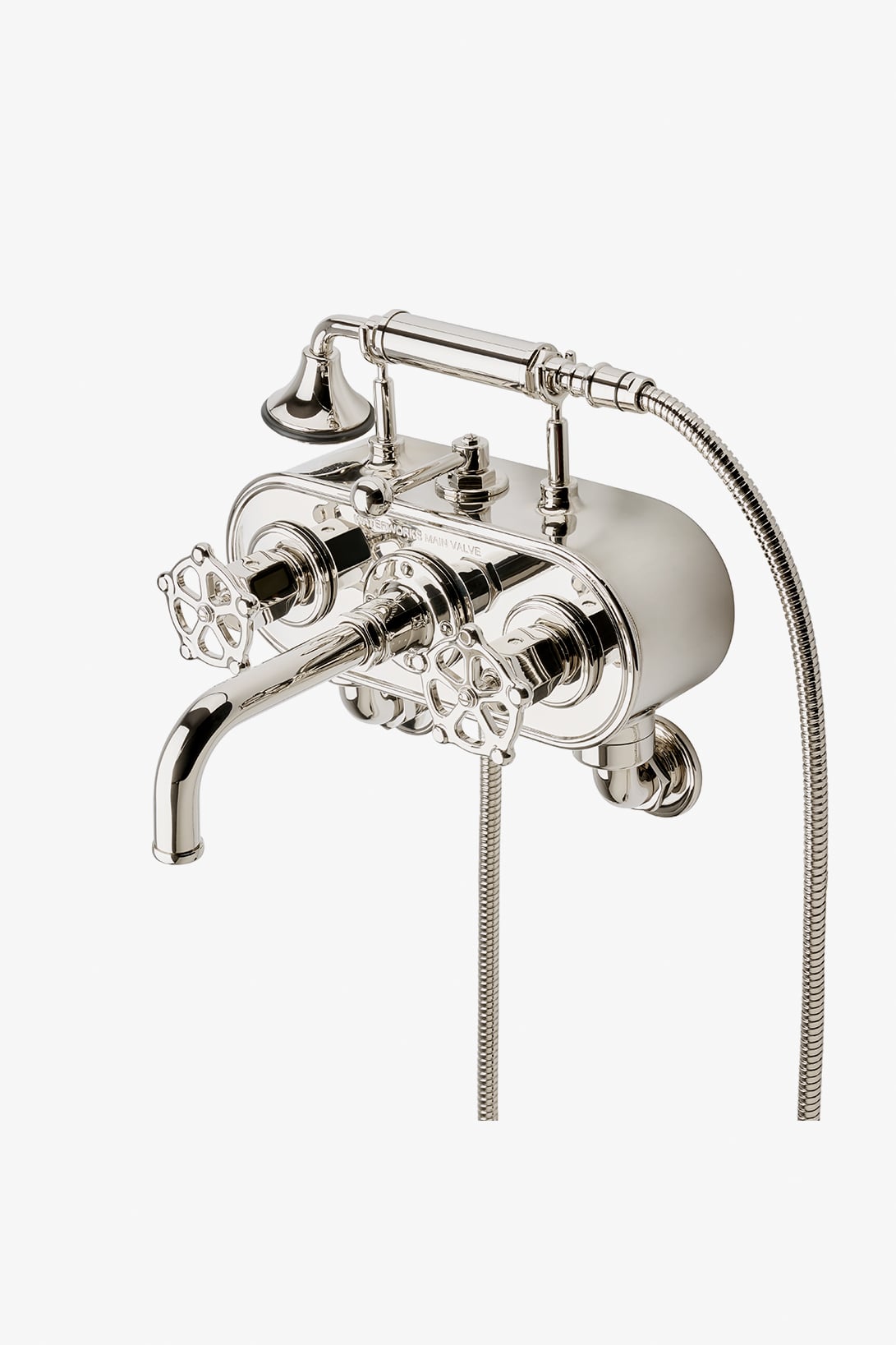 Regulator Exposed Wall Mounted Tub Filler with Handshower and Wheel Handles