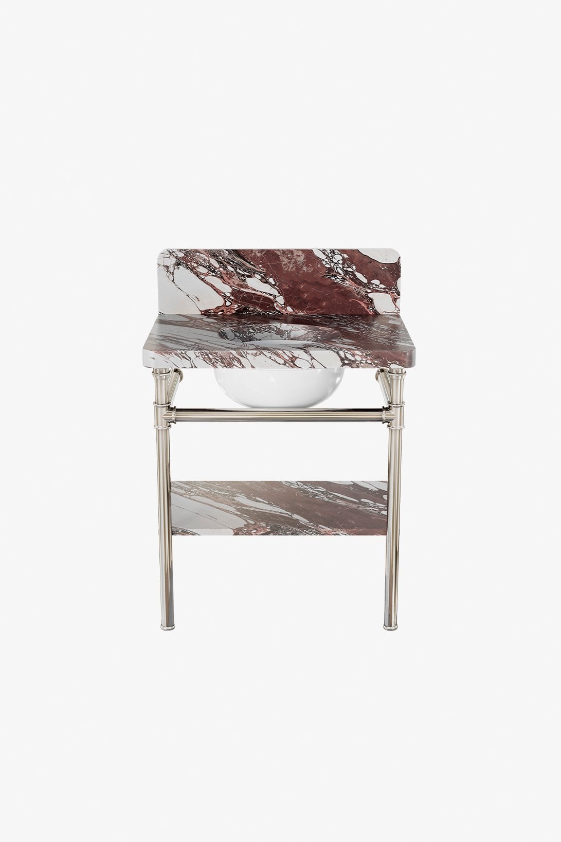 Henry Metal Round Single Two Leg Washstand 29" x 20" x 31 3/4" with MRLVCU Sink and 29" 5CM Plain Radius Slab, Shelf, and Backsplash