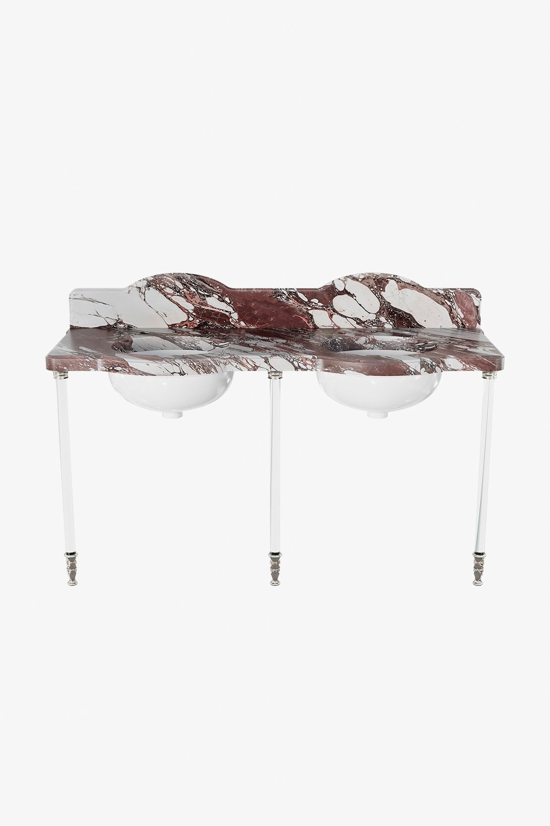 Boulevard Glass Round Three Leg Double Washstand 2 3/4" x 2 3/4" x 35" with MRLVCU Sink and 60" 5CM Reverse Ogee Curved Slab and Backsplash