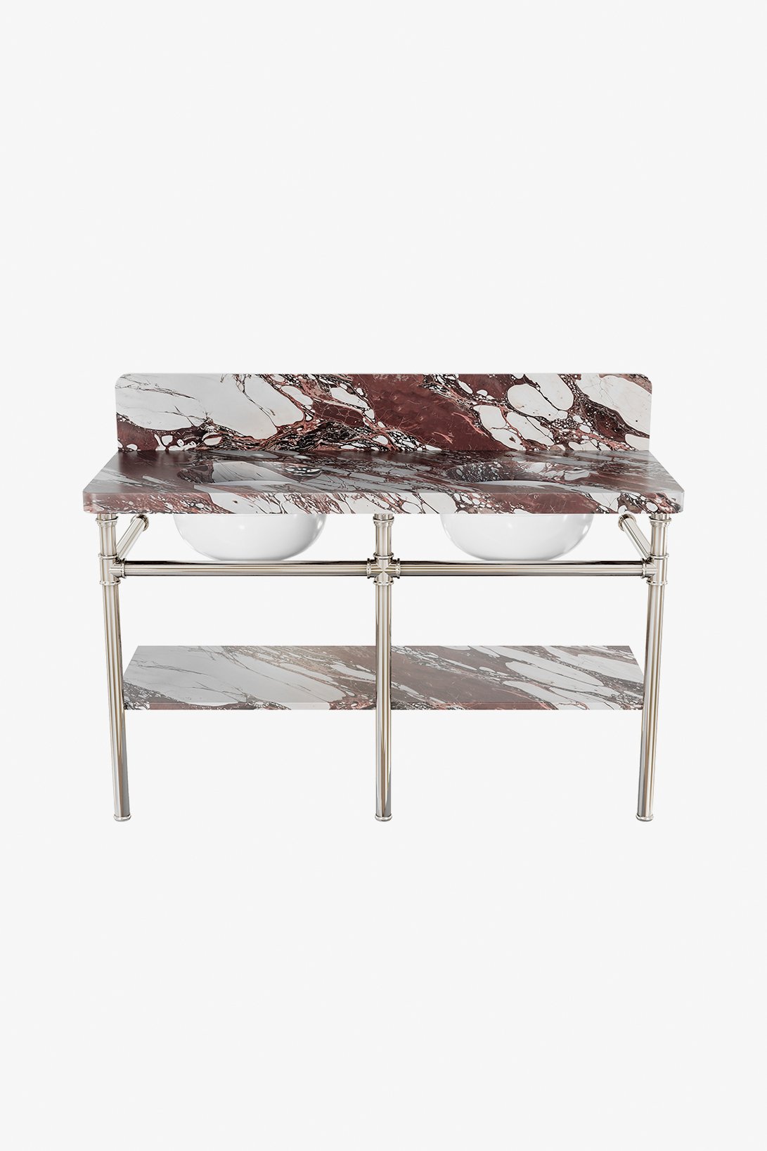 Henry Metal Round Double Three Leg Washstand with MRLVCU Sink and 55" 5CM Plain Radius Slab, Shelf, and Backsplash