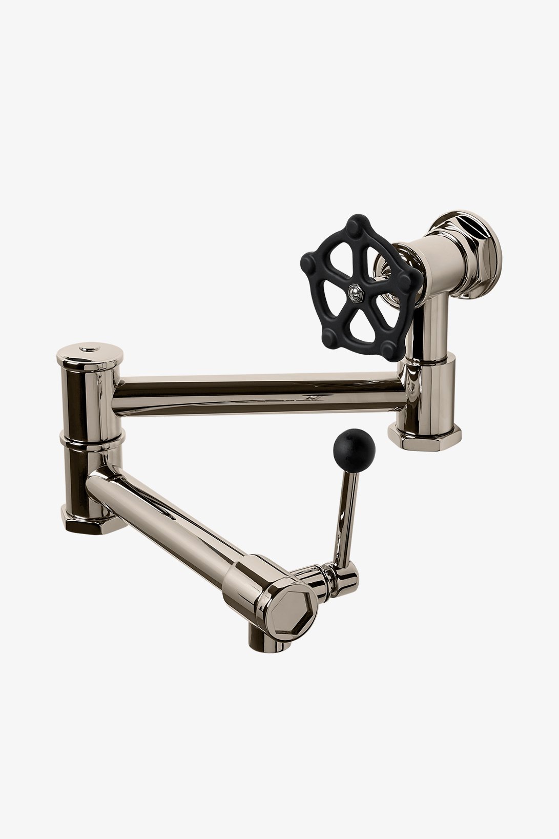 Regulator Wall Mounted Articulated Pot Filler, Black Wheel and Lever Handles