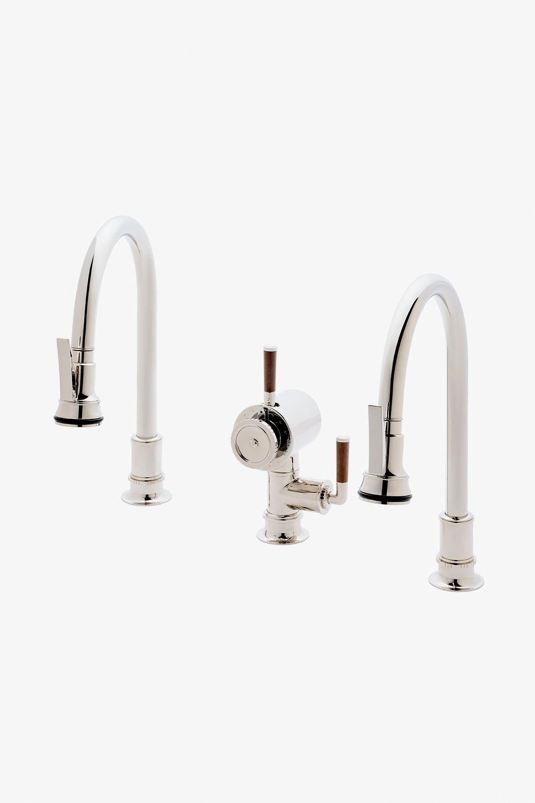 Henry Chronos Doppel-Schwanenhals-Küchenarmatur mit integrierter Zugbrause und Hebelgriffen aus Walnussholz