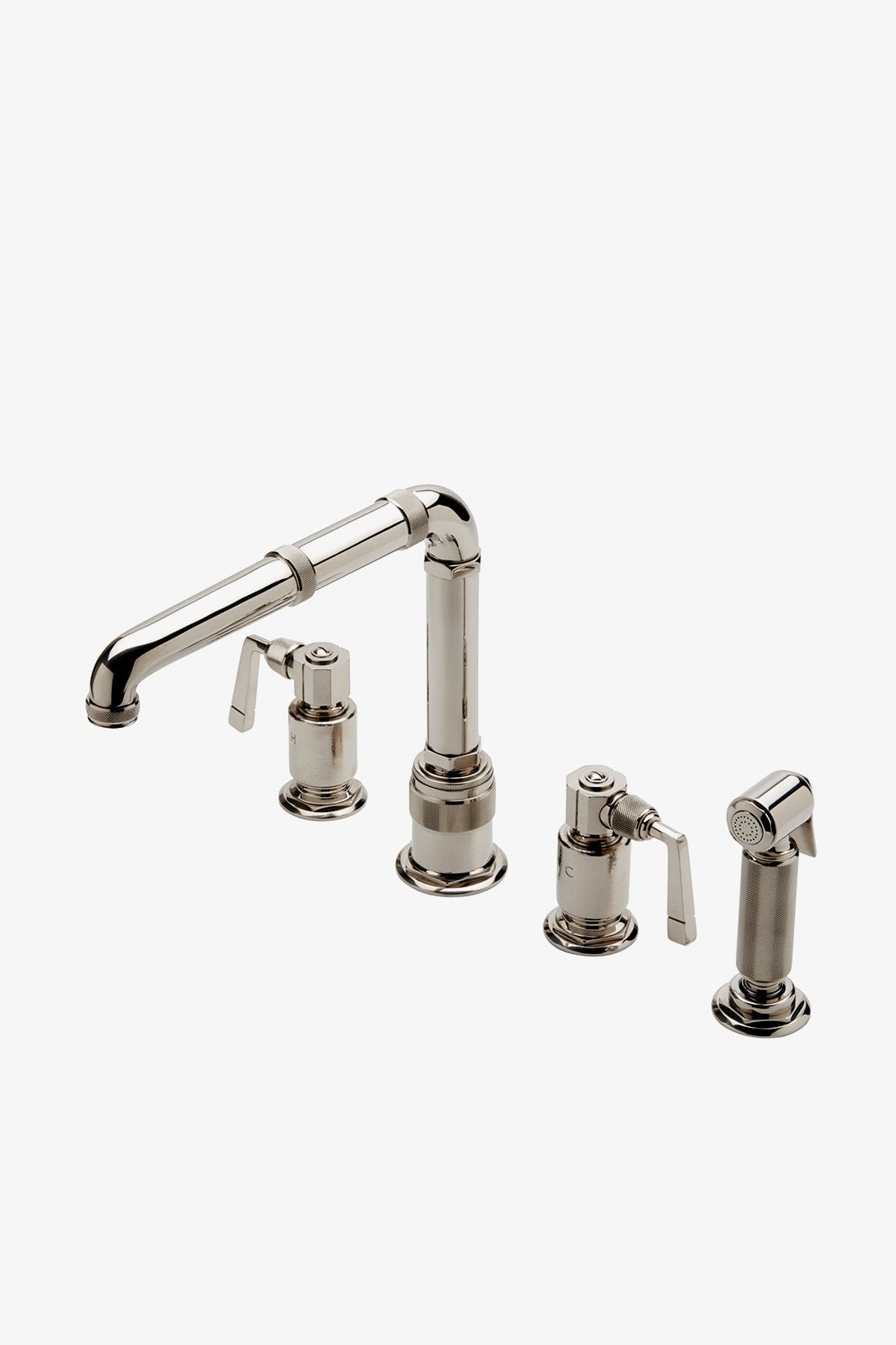 R.W. Atlas Three Hole High Profile Kitchen Faucet with Metal Side Mount Lever Handles and Spray