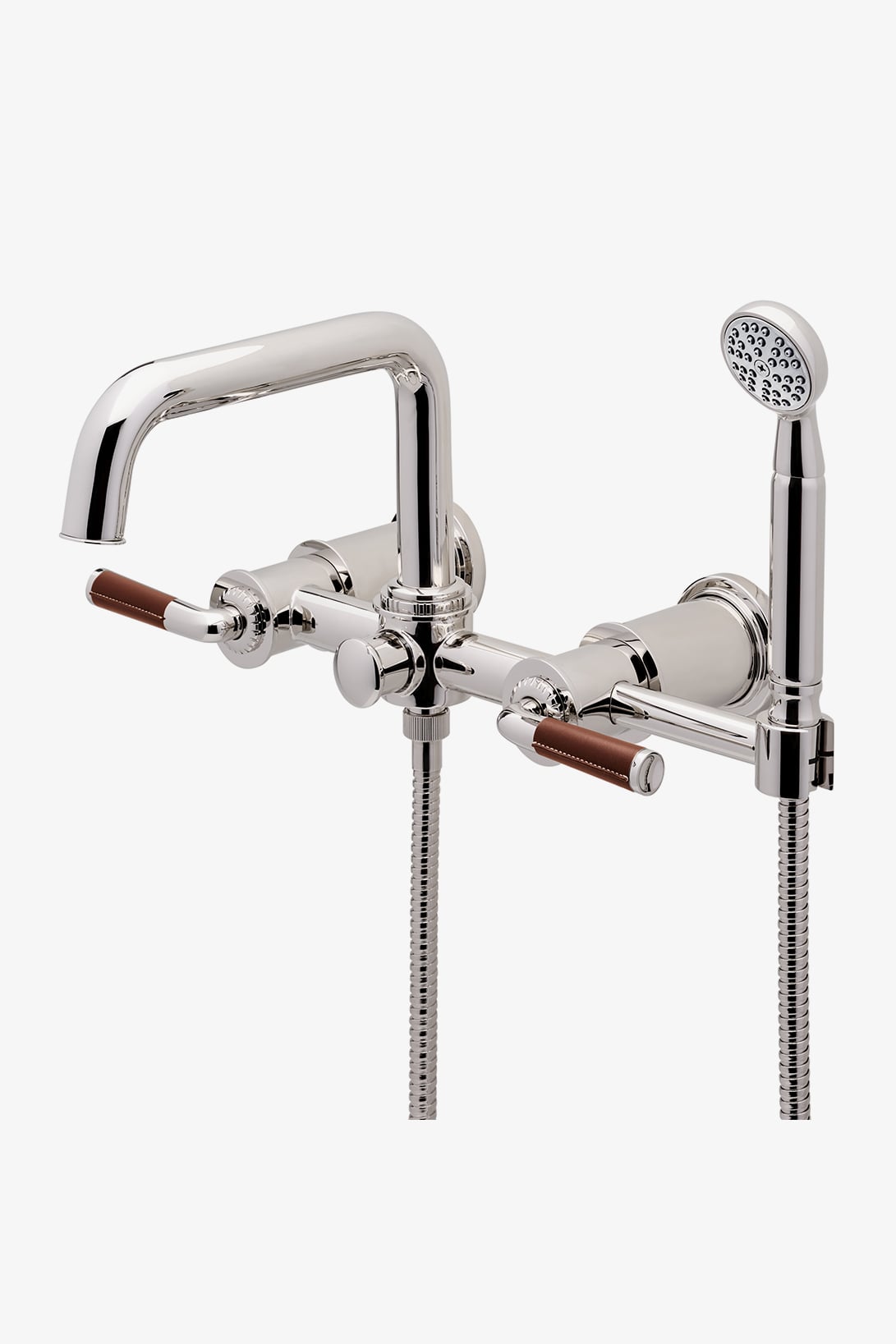 Henry Chronos Wall Mounted Exposed Tub Filler with Handshower and Leather Lever Handles