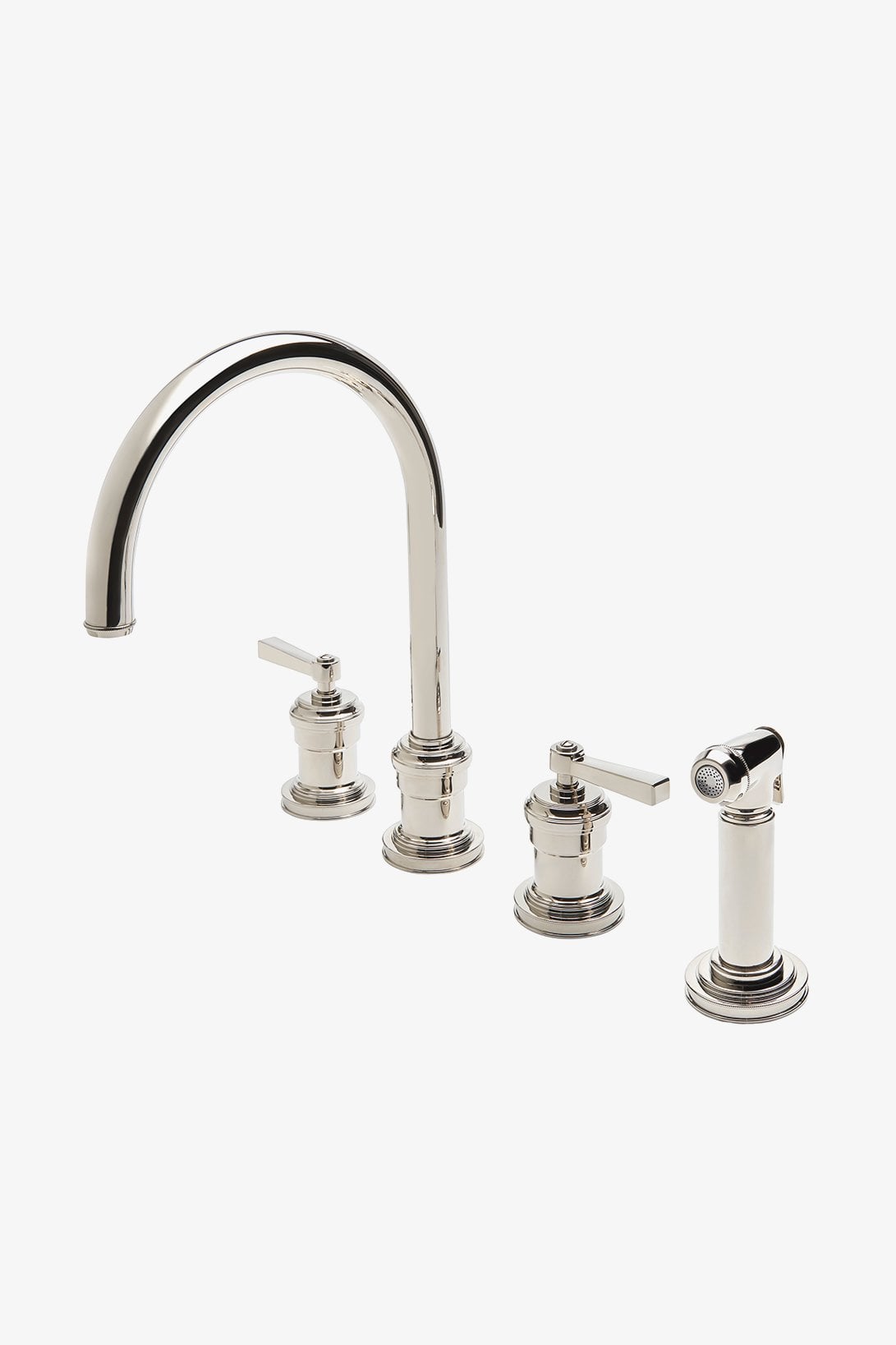 Aero Three Hole Gooseneck Kitchen Faucet with Elevated Metal Lever Handles and Spray
