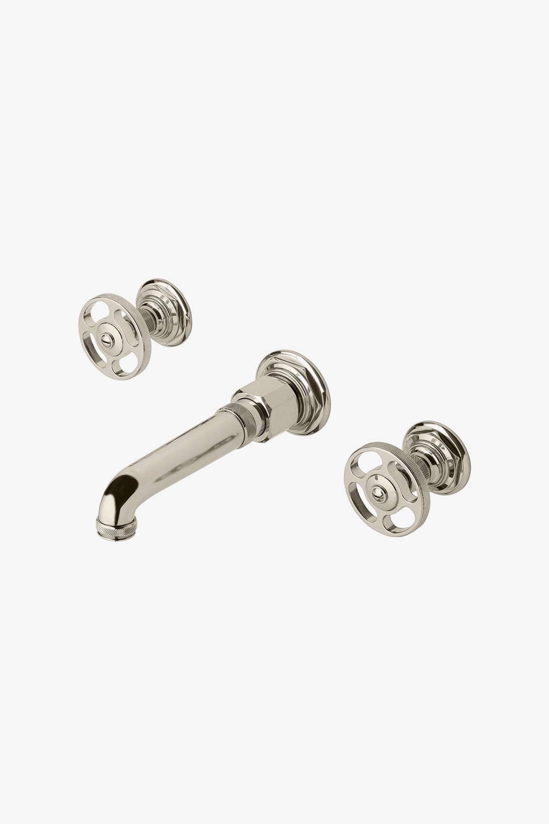 R.W. Atlas Low Profile Three Hole Wall Mounted Lavatory Faucet with Metal Wheel Handles