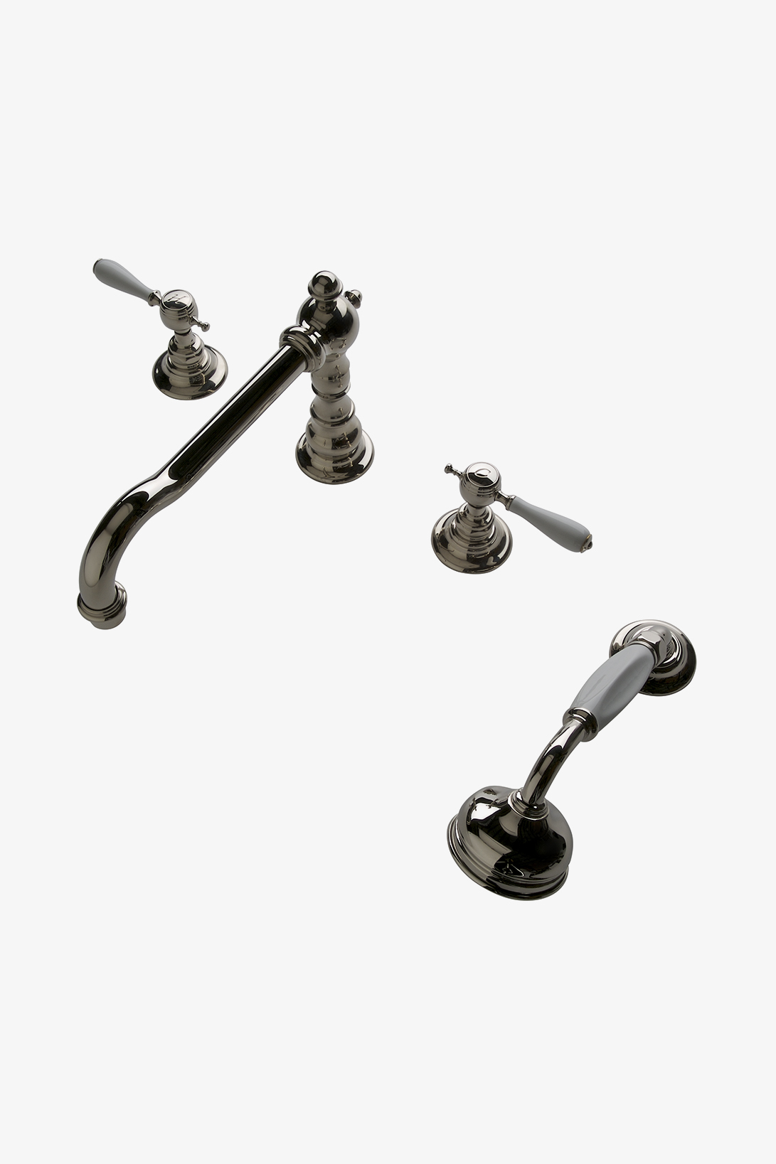 Julia Deck Mounted High Profile Concealed Tub Filler with Metal Handshower and White Porcelain Lever Handles