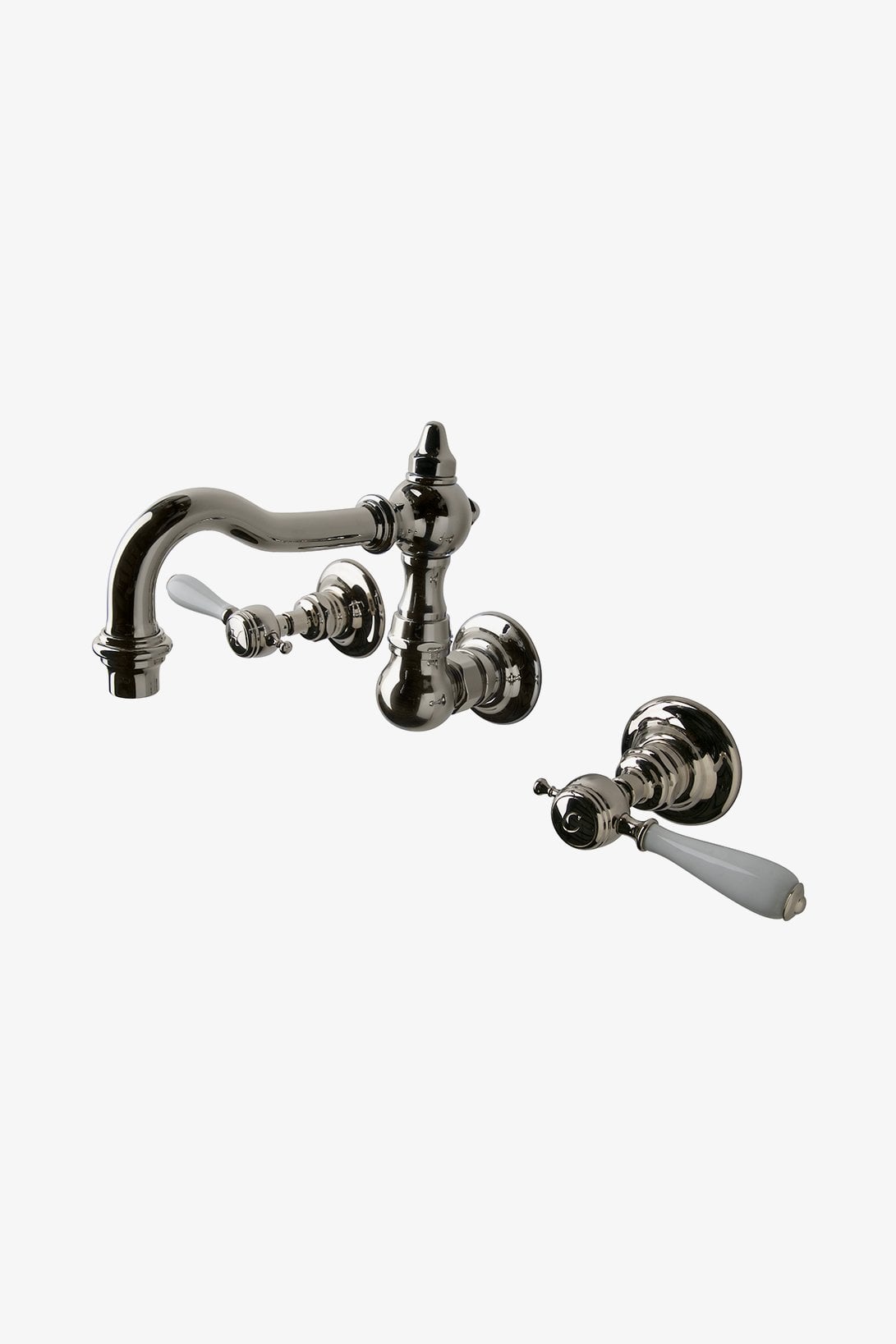 Julia High Profile Three Hole Wall Mounted Lavatory Faucet with White Porcelain Lever Handles