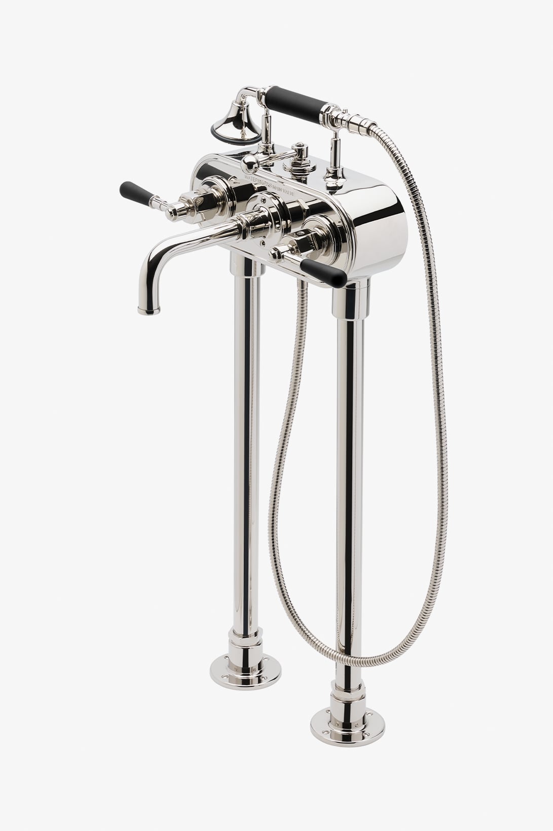 Regulator Exposed Floor Mounted Tub Filler with Handshower and Two-Tone Lever Handles (Less Unions)
