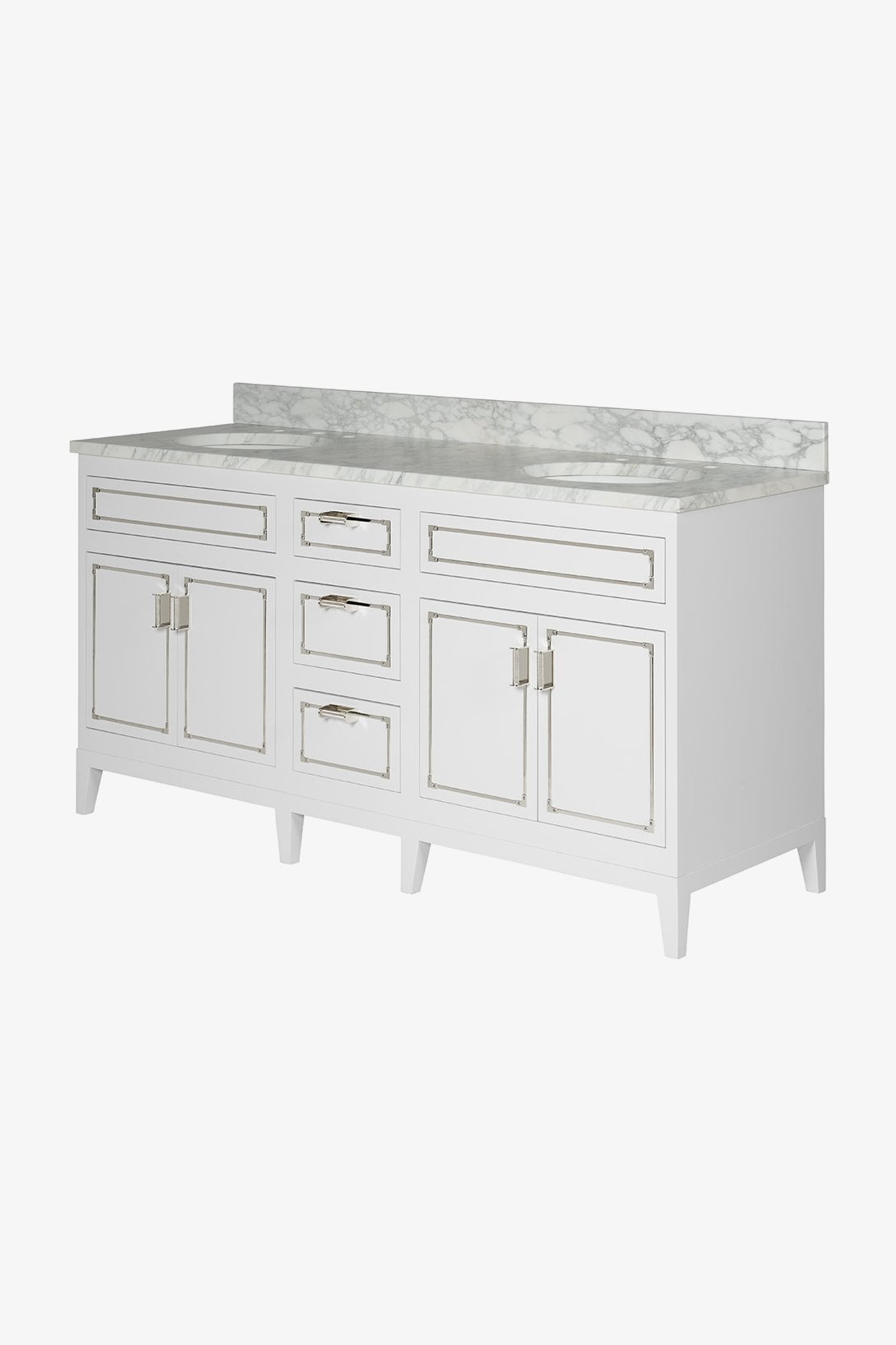 Pullman Double Vanity with Tapered Legs and Hardware with SALV26 Sinks and Slab 67" x 22 1/2" x 34 1/2" with 4" x 3/4" Backsplash
