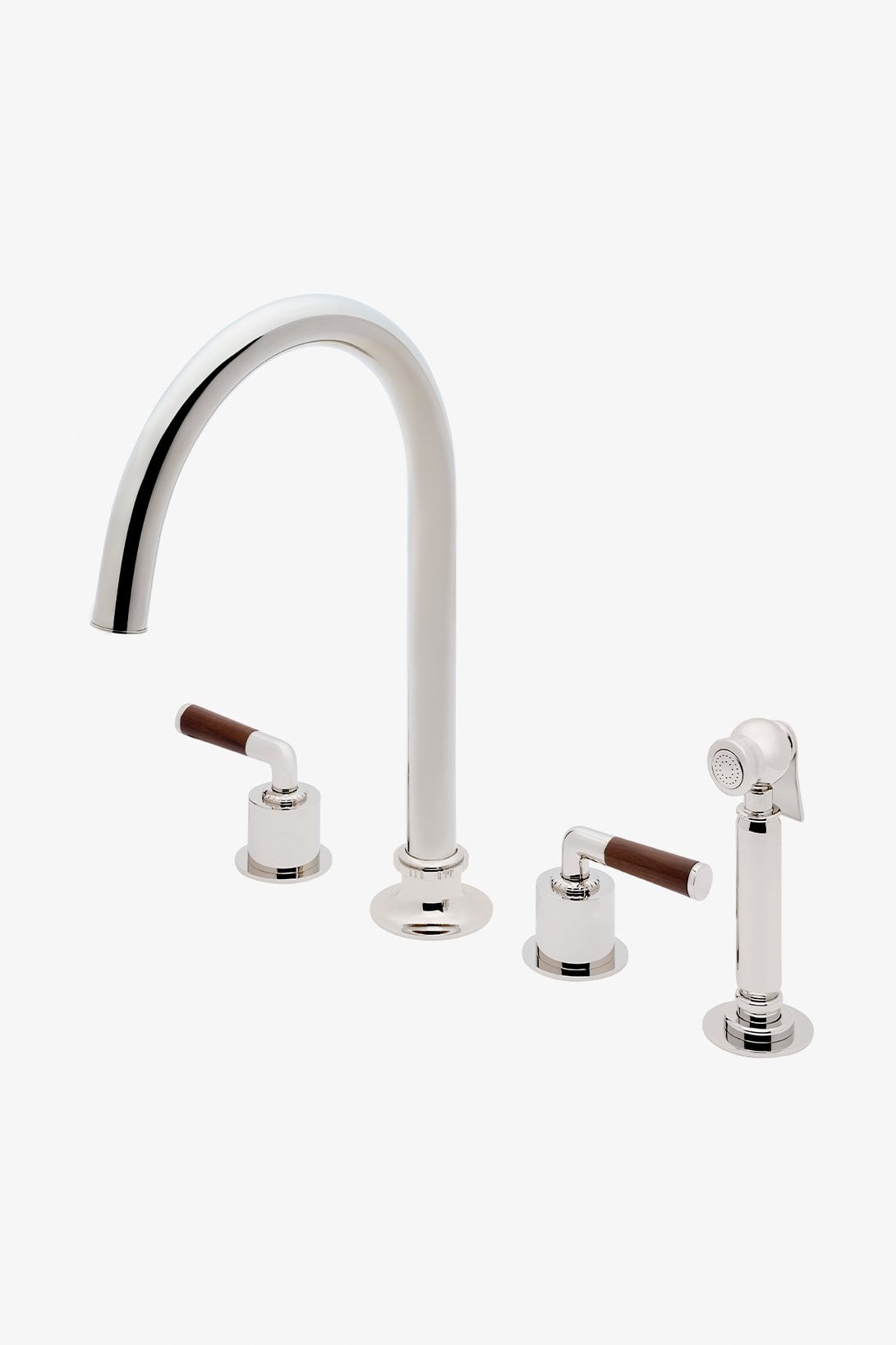 Henry Chronos Three Hole Gooseneck Kitchen Faucet with Walnut Lever Handles and Spray