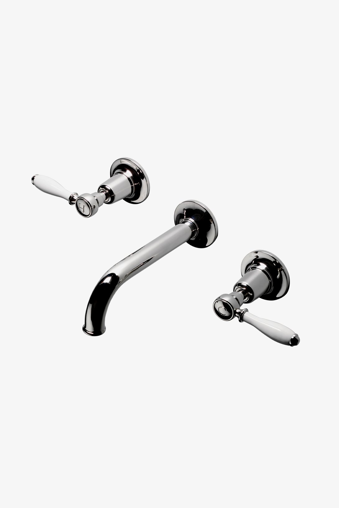 Easton Classic Low Profile Three Hole Wall Mounted Lavatory Faucet with Elongated Spout and White Porcelain Lever Handles