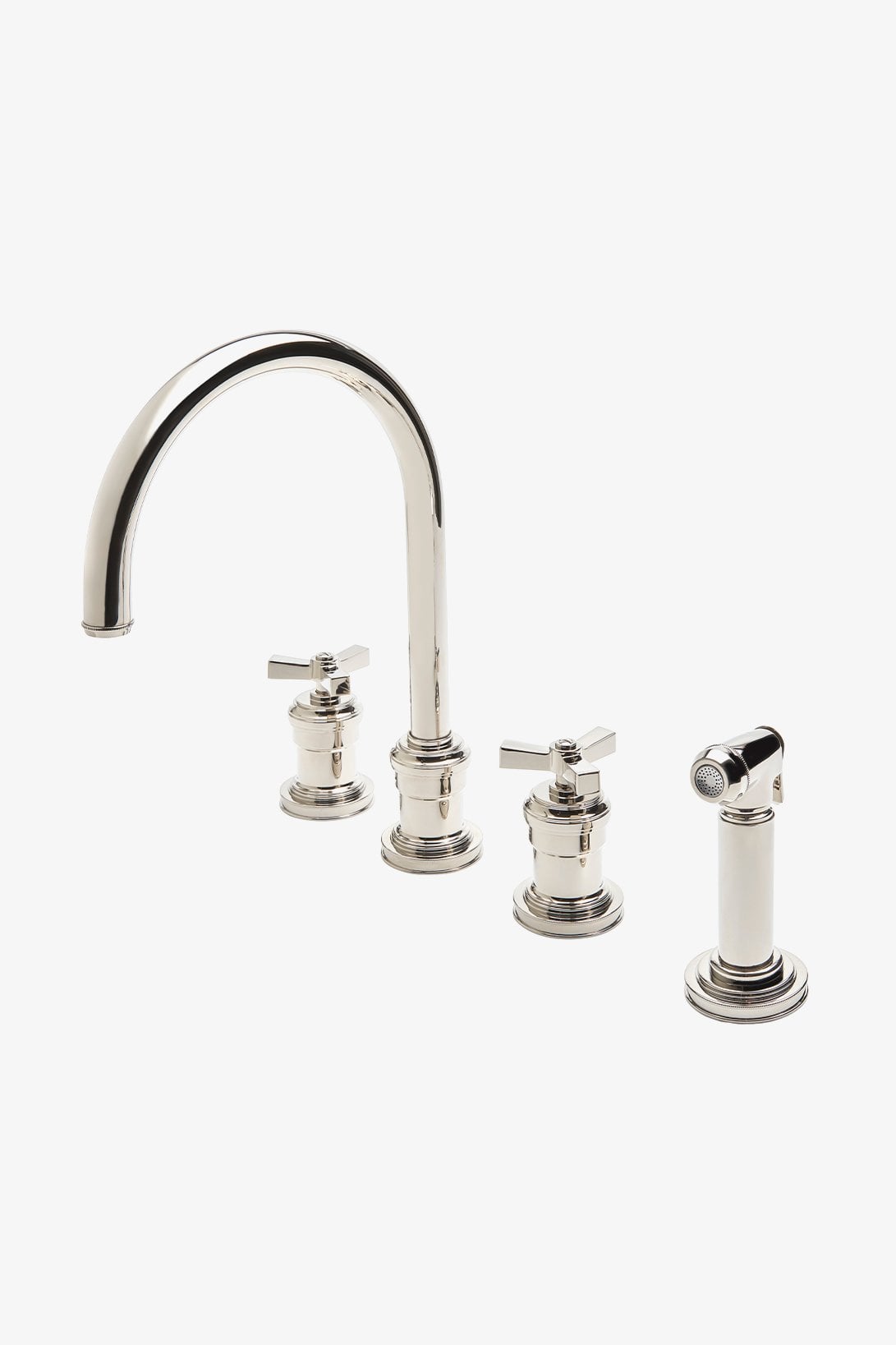 Aero Three Hole Gooseneck Kitchen Faucet with Elevated Metal Cross Handles and Spray