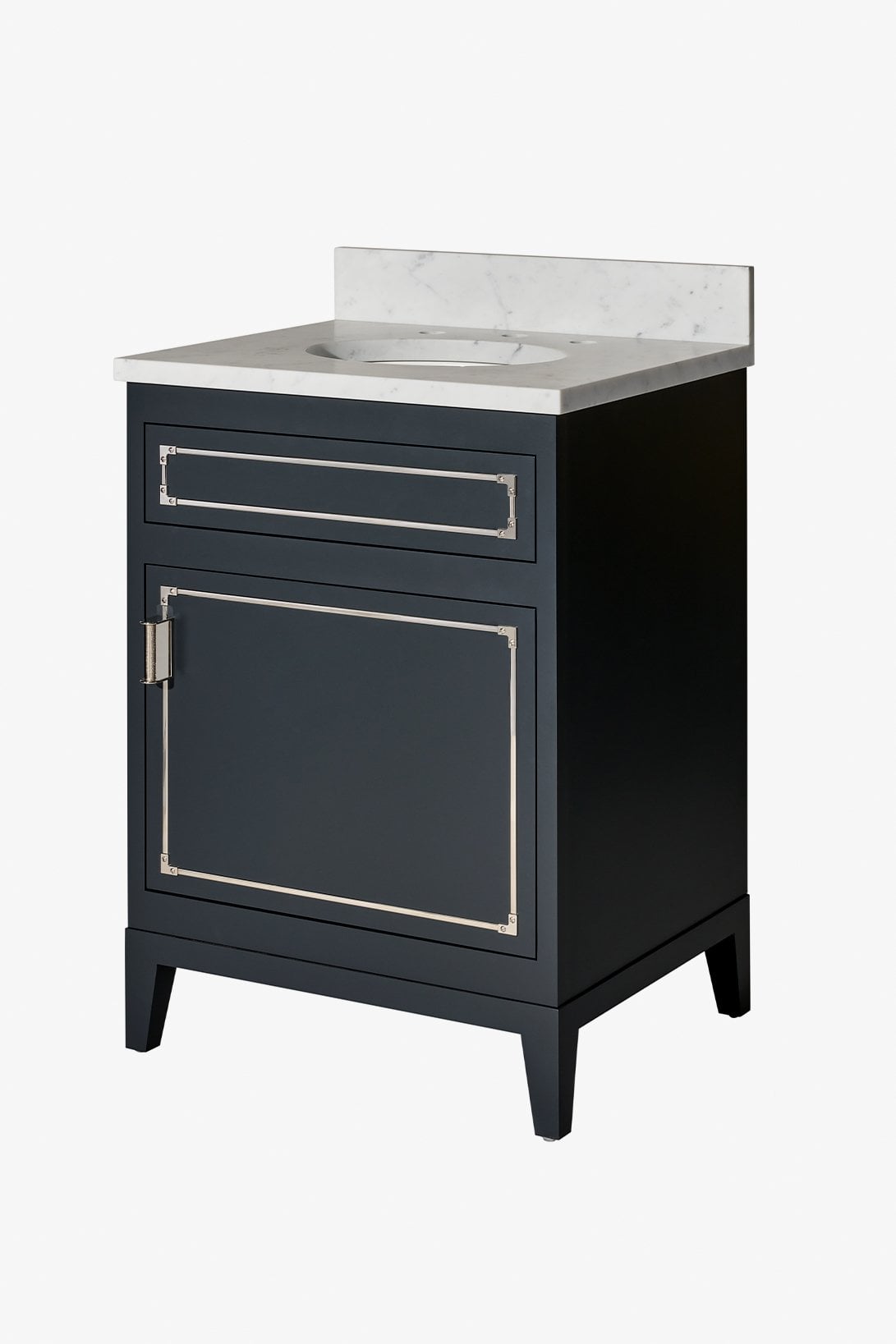 Pullman Single Vanity with Tapered Legs and Hardware with MRLVHU Sink and Slab 25" x 21 1/2" x 34 1/2" with 4" x 3/4" Backsplash