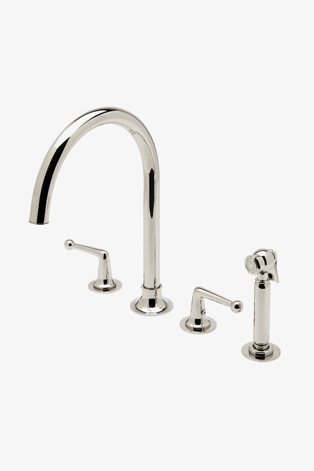 Dash Three Hole Gooseneck Kitchen Faucet with Metal Lever Handles and Spray